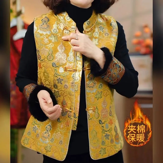 Korean Lady Jacquard Sleeveless Coat Autumn Winter Women Chinese Style Waistcoat Jacket Femme Large Size 5XL Cardigan Vest Tops