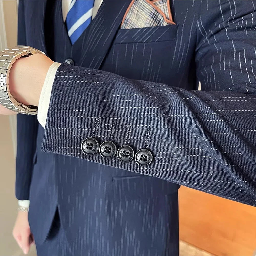 Men's 3-Piece Striped Suit – Slim Fit Blazer, Vest & Pants for Formal, Business & Wedding Occasions