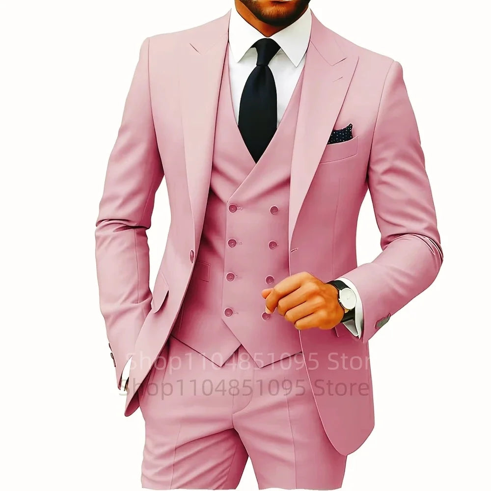Solid Color Fashion Men Formal Business Suits Wedding Suit Slim Fit Groom Tuxedos 3 Pcs Set Dress Peak Lapel Blazer Vest Pants
