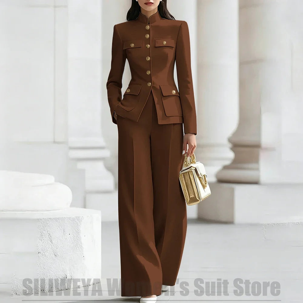 Women's Ivory Suit Mandarin Collar 2 Piece Military Style Gold Buttons Blazer Wide Leg Pants Wedding Party Prom Lady Suits