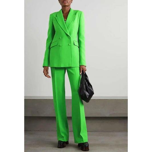 Fluorescent Green Double Breasted Women Pants Set High-end Female Two Pieces(Jacket+Trousers)أطقم بناطيل