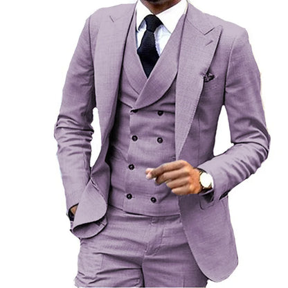 Costume de Lin 3 Pièces Blazer Gilet et Pantalon Ensemble de Smoking Ajusté pour Garçons d'Honneur Robes de Soirée Élégantes Gilet Style Rétro avec Col en V