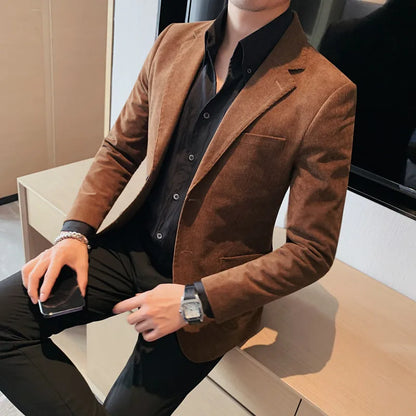 Men's Slim Fit Striped Corduroy Blazer – Smart Casual Single Breasted Suit Jacket