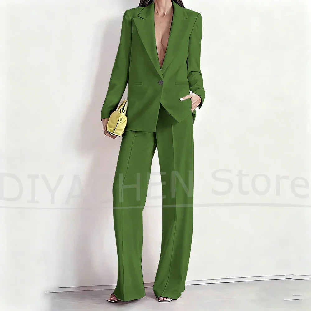 Women's Suit Set Peak Lapel One Button Blazer and Wide-Leg Pants Fashion Formal Casual Party Office Stylish Pants Sets Two Piece