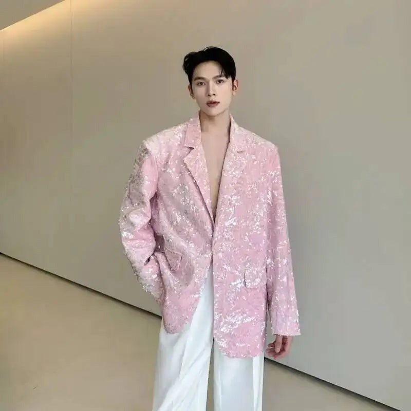 Blazer 2025 Autumn New Sequin Patchwork Luxury Elegant Temperament Coat Men's Fashion Handsome Shoulder Pad Coat JY5816