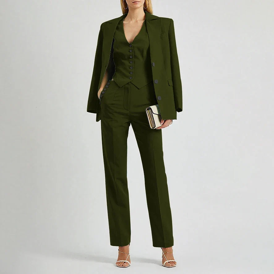 Slate Green Women's Suit Customized Elegant Single-breasted Peaked Lapel Three Pieces (Jacket+Pants+Vest) Office Lady Set