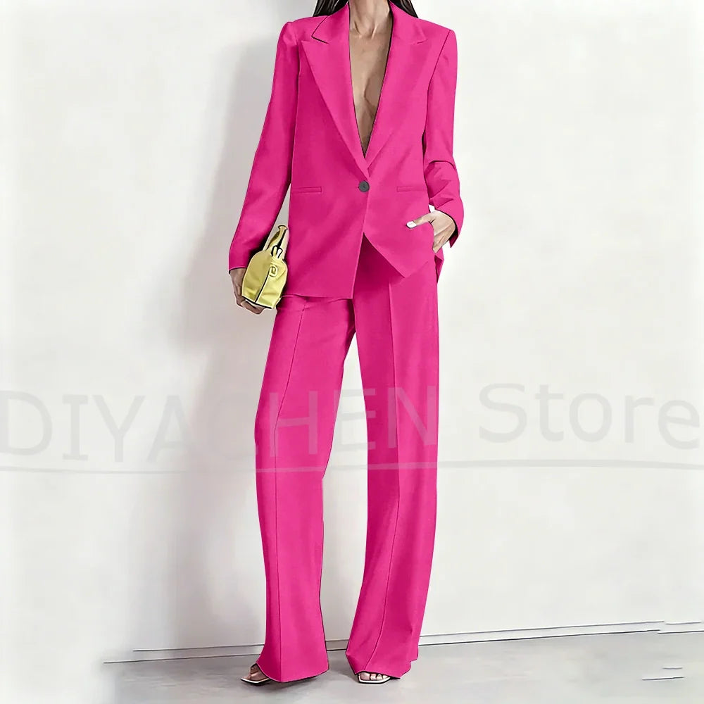 Women's Suit Set Peak Lapel One Button Blazer and Wide-Leg Pants Fashion Formal Casual Party Office Stylish Pants Sets Two Piece