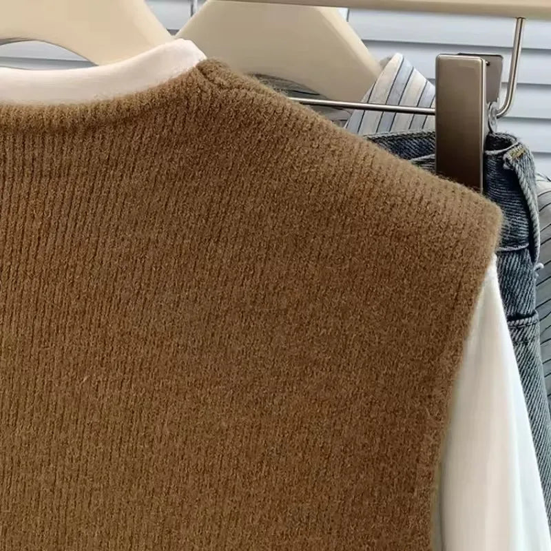 Women's Soft Knitted Vest  Women Casual Button Deep V-Neck Sleeveless Autumn  Pullover Simple Tank Tops Loose Knitwear  Tops