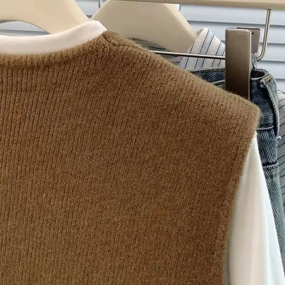 Women's Soft Knitted Vest  Women Casual Button Deep V-Neck Sleeveless Autumn  Pullover Simple Tank Tops Loose Knitwear  Tops
