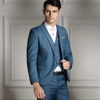 Men's 3-Piece Slim Fit Suit – Single-Breasted Blazer, Vest & Trousers in Blue for Banquets & Weddings
