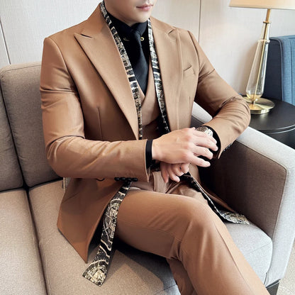 Scarf With Design Double Collar Suit Men's Business Casual Groom Wedding Slim Fit Suit Tuxedo 3-piece Set (Jacket+Vest+Pant)