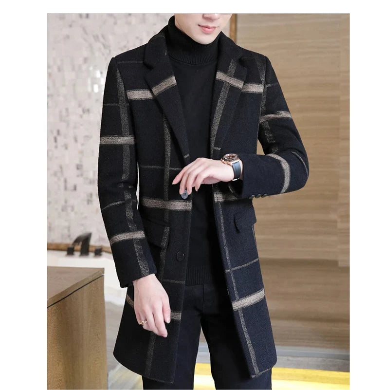 Korean Fashion Woolen Coat Men's Mid-Length Slim-Fit Trench Youth Business Casual 2023 Autumn Winter New Style