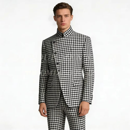 Elegant Men's Houndstooth Suit 2 Piece Mandarin Collar Slim Fit Fashion Jacket Pants Vintage Male Set For Formal Business Weddin
