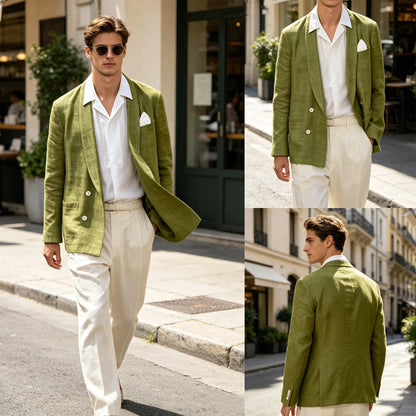 Summer Cotton Linen Blend Men Blazer Double Breasted Casual Suit Jacket Lightweight Soft Elegant Dress Coat For Prom Work Party