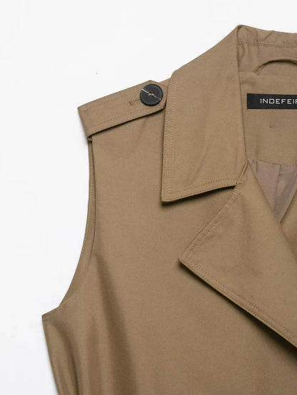New Slim Fit Cropped Sleeveless Trench Vest Women Khaki Lapel Double Breasted Self Tie Belt Waist Cinching Street Outer Top