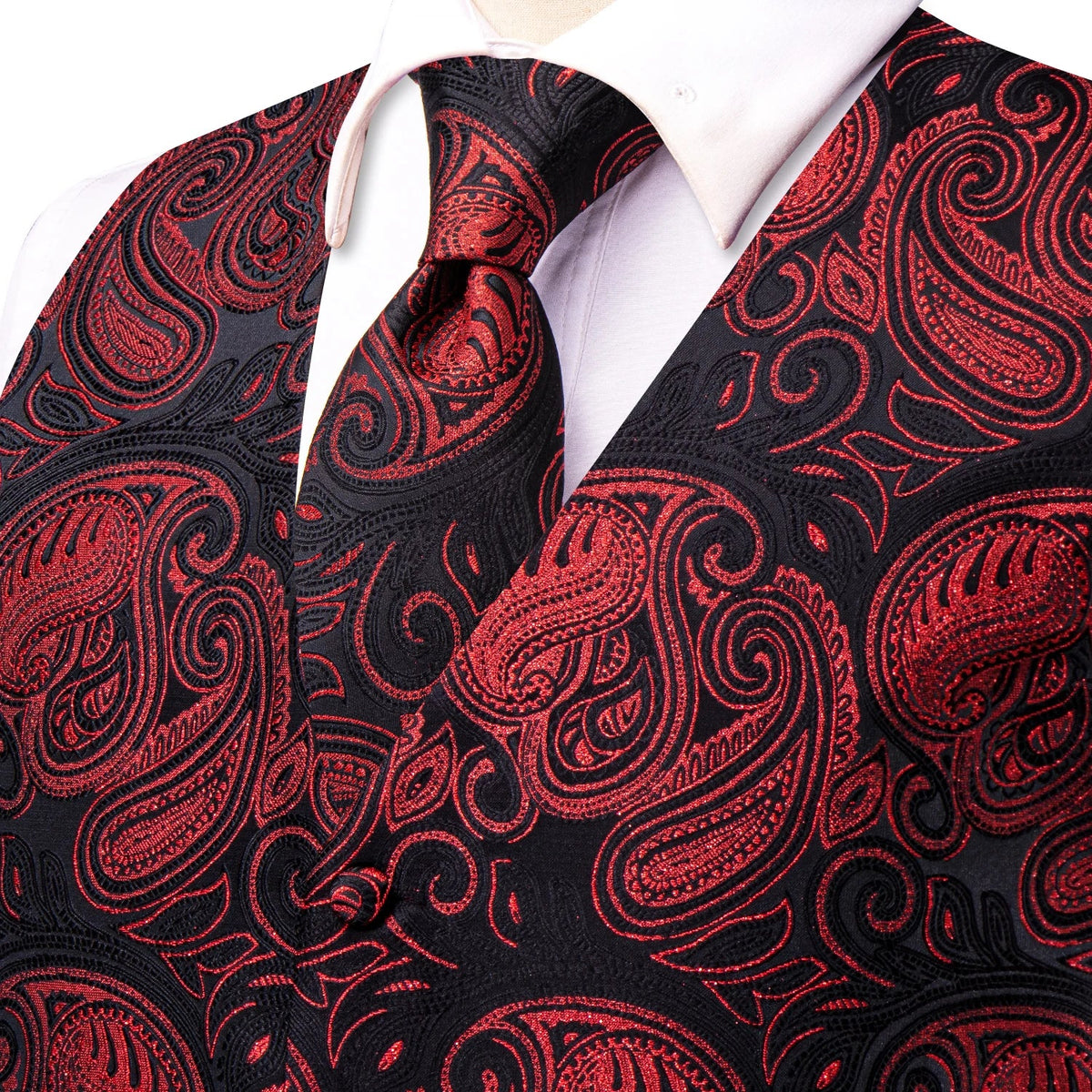 Men's Vest Tie Hanky Cufflinks Set – Wine Black Paisley Jacquard for Weddings & Formal Events