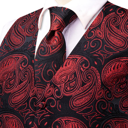 Men's Vest Tie Hanky Cufflinks Set – Wine Black Paisley Jacquard for Weddings & Formal Events