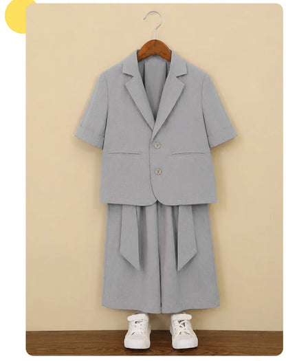 Boys Solid Short Sleeves Blazer Jack Vest Pants Children Suit Waistcoat Wedding Clothes Sets Toddler Formal Dress Kids Tuxedos