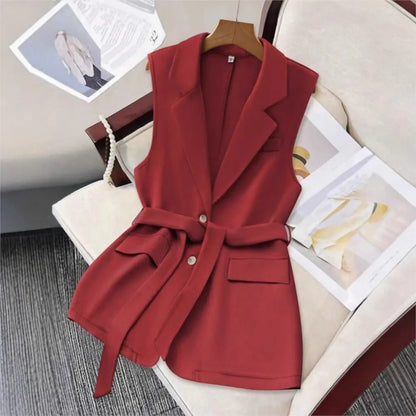 Fashion Sleeveless Slim Suit Collar Women Vest Spring Autumn New Single Breasted Elegant Lace Up Female Versatile Vest Tops 2025