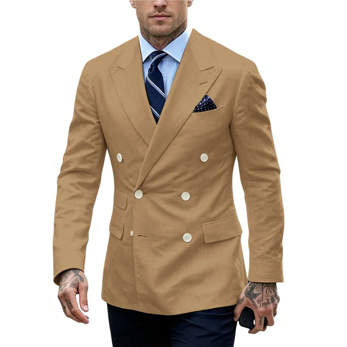 Men's Double Breasted Blazer Slim Fit Linen Suit Jacket Formal Business Casual Tuxedo for Wedding Prom Office Party Daily Wear