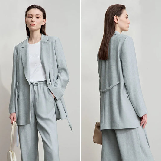 Office Lady Solid Blazers 2025 Autumn New Long Sleeves Loose Coat Notched Business Jacket Belt Women's Clothing 12543025