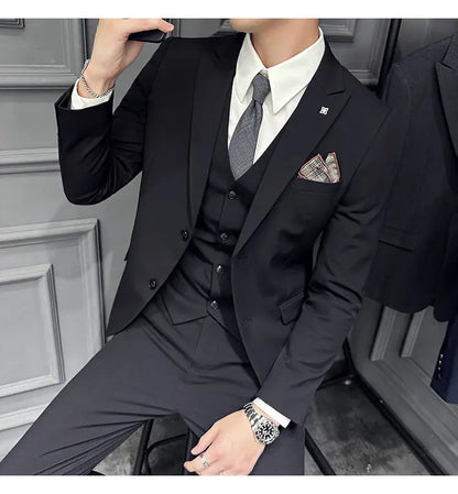 Men's 3 Piece Suit Set Double‑Button Slim Fit Solid Color Business Casual Wedding Party Jacket Vest Pants Formal Outfit for Men
