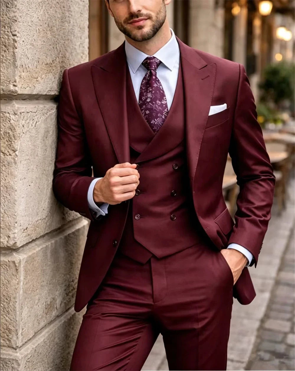 Classic Green Men's 3-Piece Suit Double Breasted Waistcoat Slim Fit Formal Wedding Suit (Jacket+Vest+Pant)