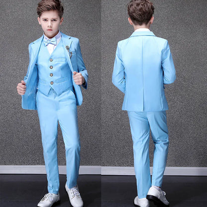 Children Sky Blue Photograph Suit Flower Boys Wedding Dress Kids Tuxedo Evening Party Wear Teenager Graduation Birthday Costume