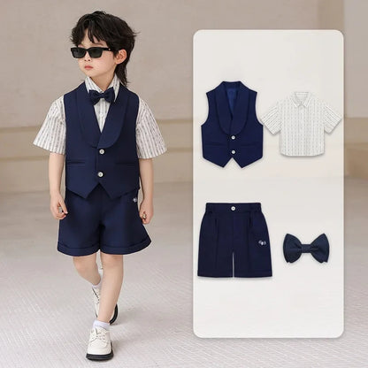 Boys' Summer British Style Suit Vest Set Flower Boy First Birthday Outfit Boys' Children's Day Host Piano Performance Costume