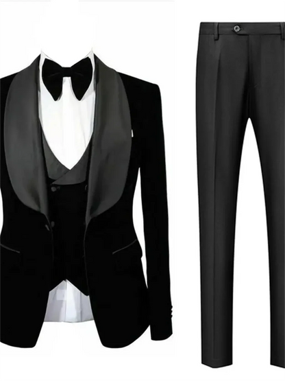 3 Pieces Men's Suit Black Velvet Jacket Vest & Black Pants Shawl Lapel Wedding Prom Dinner Banquet Groom Tuxedos