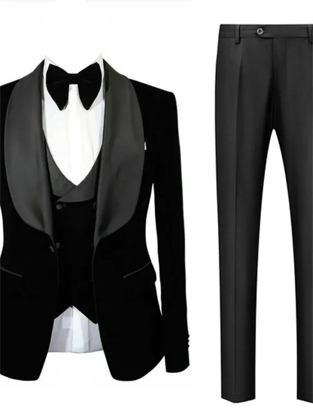 3 Pieces Men's Suit Black Velvet Jacket Vest & Black Pants Shawl Lapel Wedding Prom Dinner Banquet Groom Tuxedos