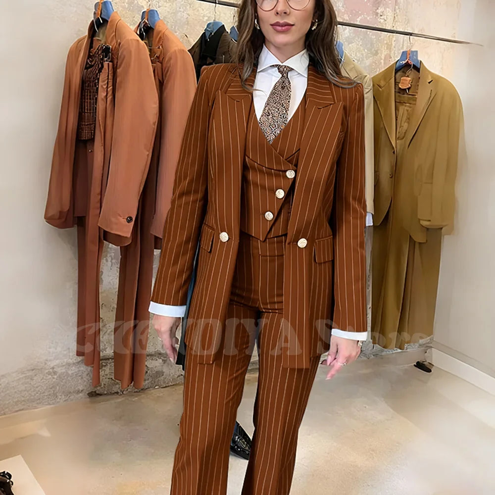 Navy Blue Striped Suit For Women Stylish Single Button Peak Lapel Elegant Outfit Business Meeting Office Formal Set Three Pieces