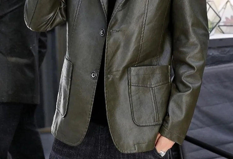 Men's Faux Leather Blazer Jacket Autumn Winter Warm Fleece Lined Casual Versatile Outerwear