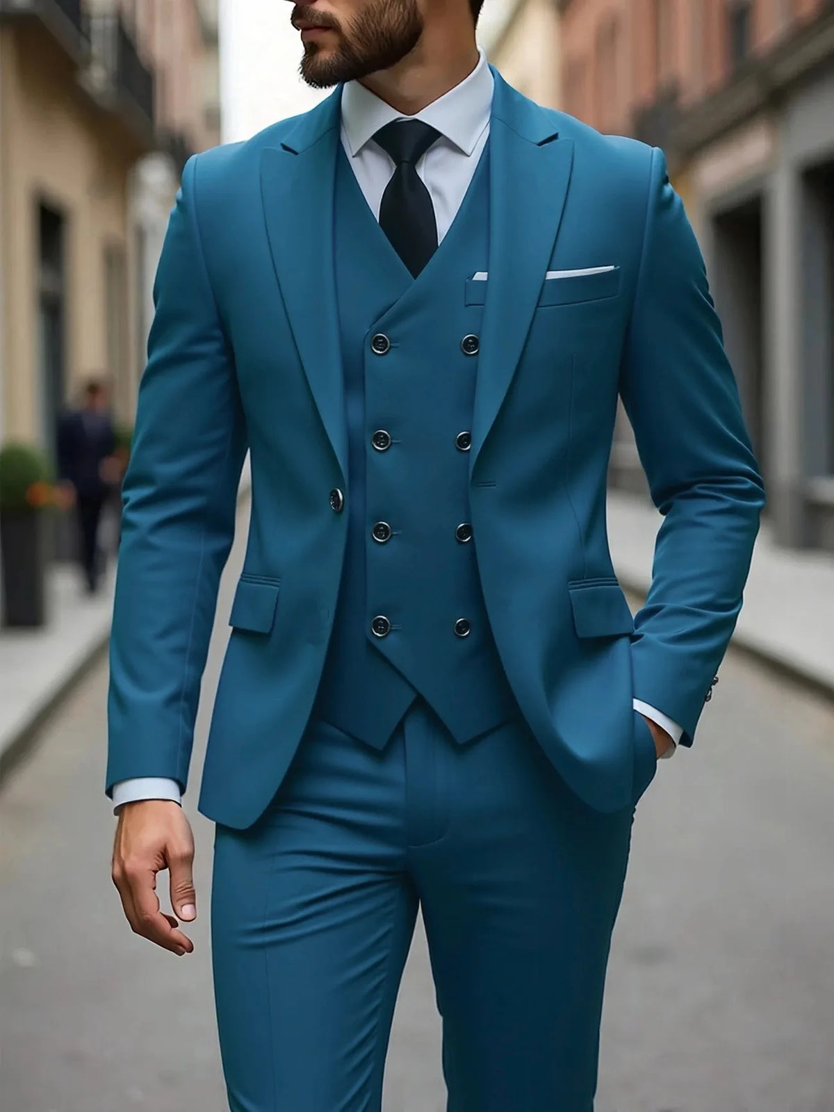 Solid Business Mens Suits Wedding Tuxedos Fashion Groom Outfit Slim Fit Peaked Lapel Prom Party Mens Suits(Jacket+Vest+Pants)