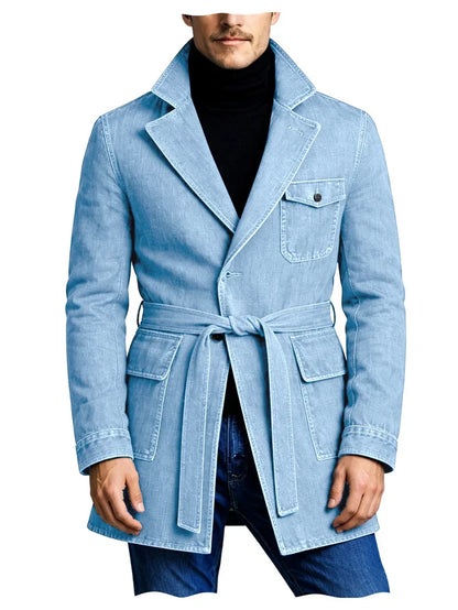 Men's Vintage Mid Length Belted Denim Trench Coat Notched Lapel Casual Workwear Outerwear Stylish Daily Streetwear Jacket