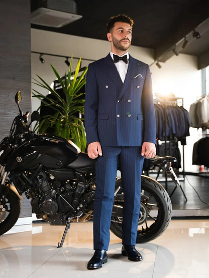 Hot Sale Classic Striped Men's Suits For Daily Office Handsome Double Breasted Peak Lapel Suit Set Wedding Birthday Party Wear