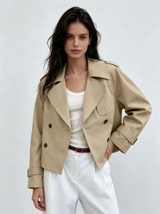 Women's Khaki Lapel Trench Coat Vintage Casual Cropped Cropped Windbreaker with Belt Korean Style Long Sleeve Outerwear Autumn