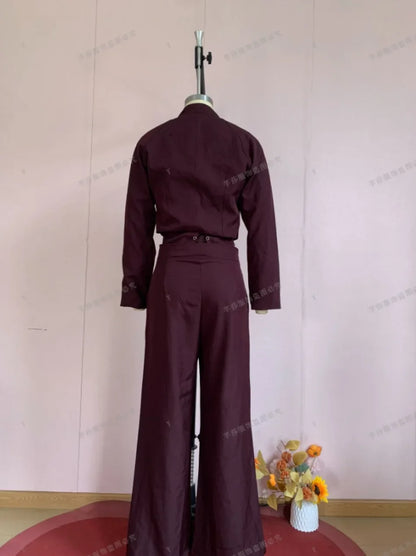 Casual Denim Pants Suits Women Slim Short Sleeves Stand Collar Waist-cinching Tops Wide-leg Trousers 2026 New Lady Spring Outfit