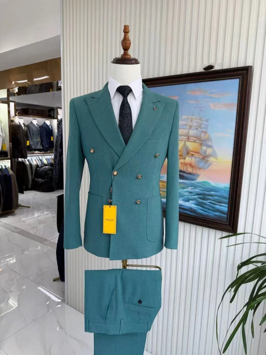 Men's Solid Suit Set 2 Pieces Jacket Pants Wedding Party Tuxedo Handsome Elegant Double Breasted Man Slim Fit Suits Business