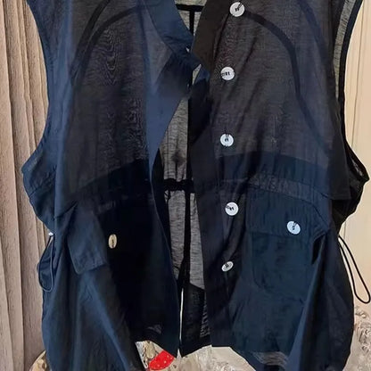 Summer Mid-Length Thin Vest Women Solid Casual V Neck Sleeveless Jackets 2025 Korean Loose Waistcoat Female Outwear