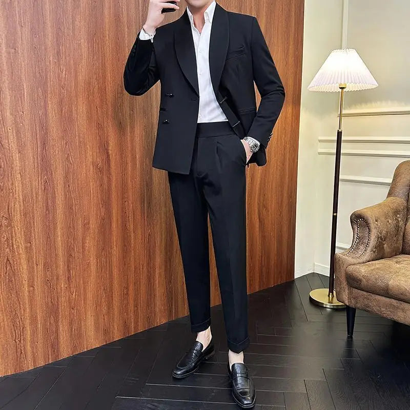 (Jacket+Pants) Vintage Luxury Chinese Style Suit Fashion Men High-end Elegant Business Social Wedding Dress Suit Tuxedo 2Pcs Set
