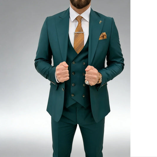 Dark Green Men Suits Slim Fit 3 Piece Double Breasted Suit Men Wedding Prom Party Business Suits(Blazer+Vest+Pants)