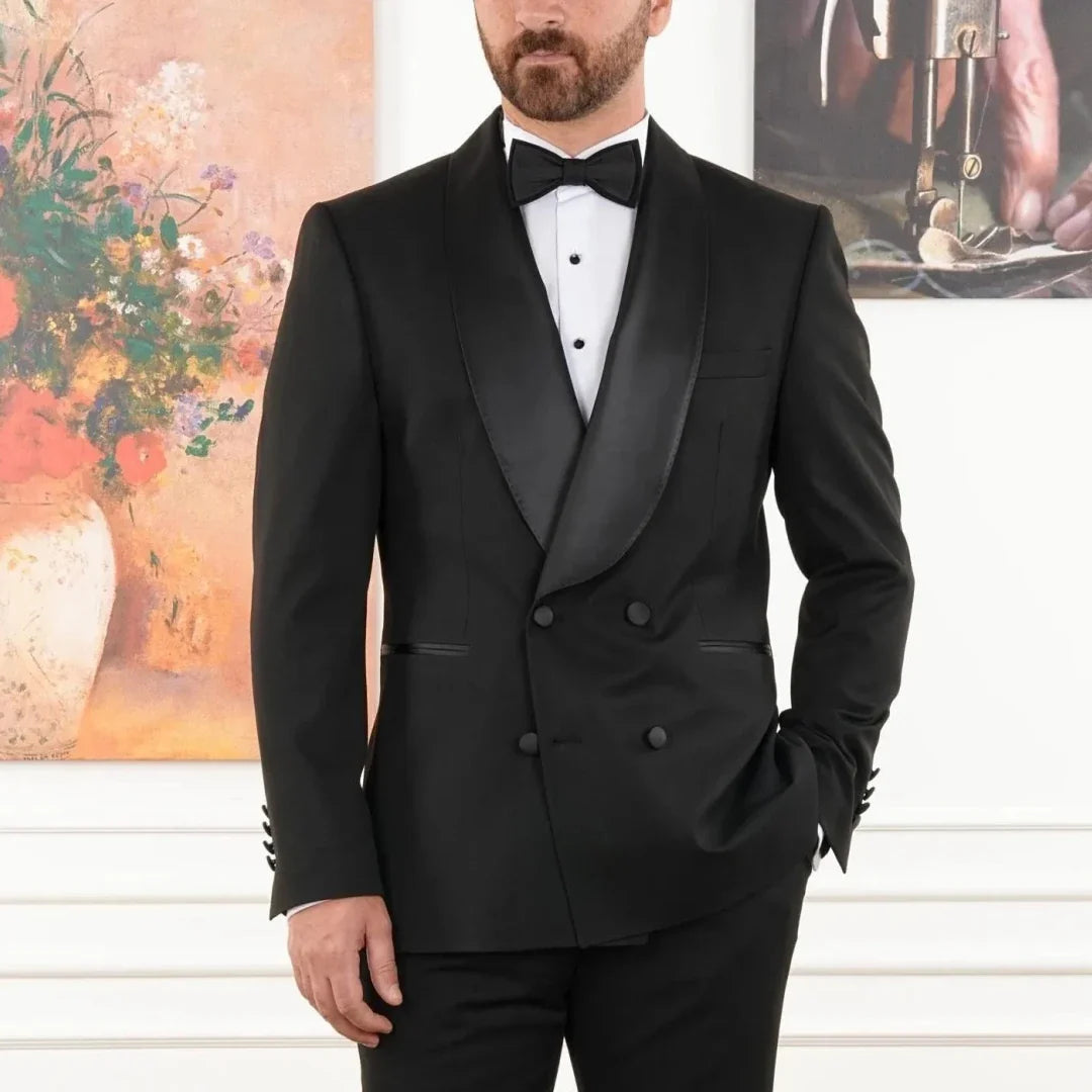 Men Suit Black 2 Pieces Double Breasted With Black Lapel For Wedding Birthday Banquet Party Business Work Office Jacket Pants