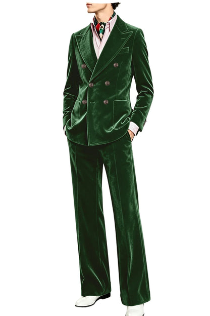 Men's Velvet Suit 2 Piece Double Breasted Peak Lapel Blazer & Straight Leg Pants for Formal & Wedding