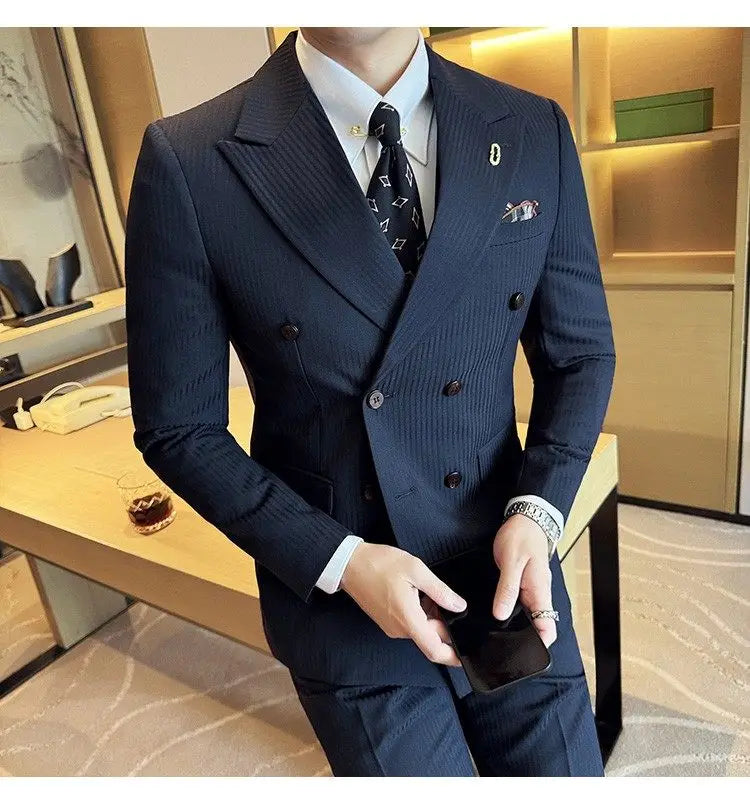 Korean Slim Fitt Wedding Suit Fashion Striped Double Breasted Suit 3 Piece Set Business Formal Casual Party Prom Host Suits