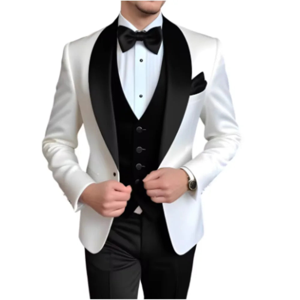 Men's 3-Piece Suit with Scarf Lapel — Single-Breasted Tuxedo for Weddings & Formal Events