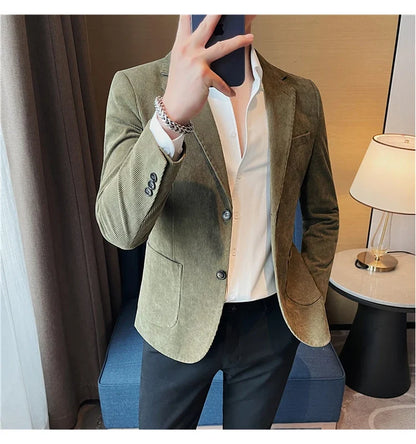 2024 High Quality Fashion Handsome Trend Business Matching Corduroy Small Suit Jacket Men Slim Fashion Casual Handsome Suit
