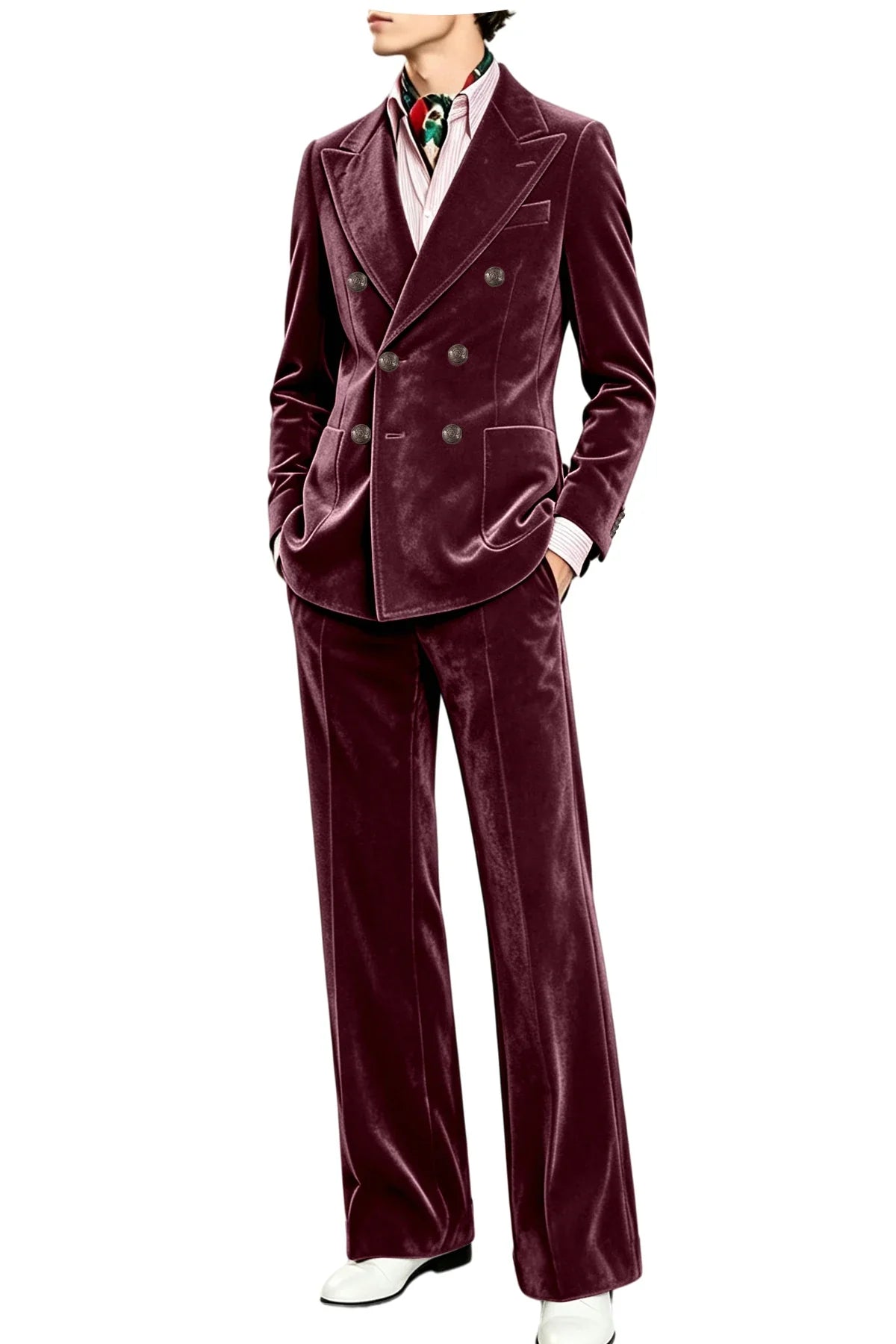Men's Velvet Suit 2 Piece Double Breasted Peak Lapel Blazer & Straight Leg Pants for Formal & Wedding