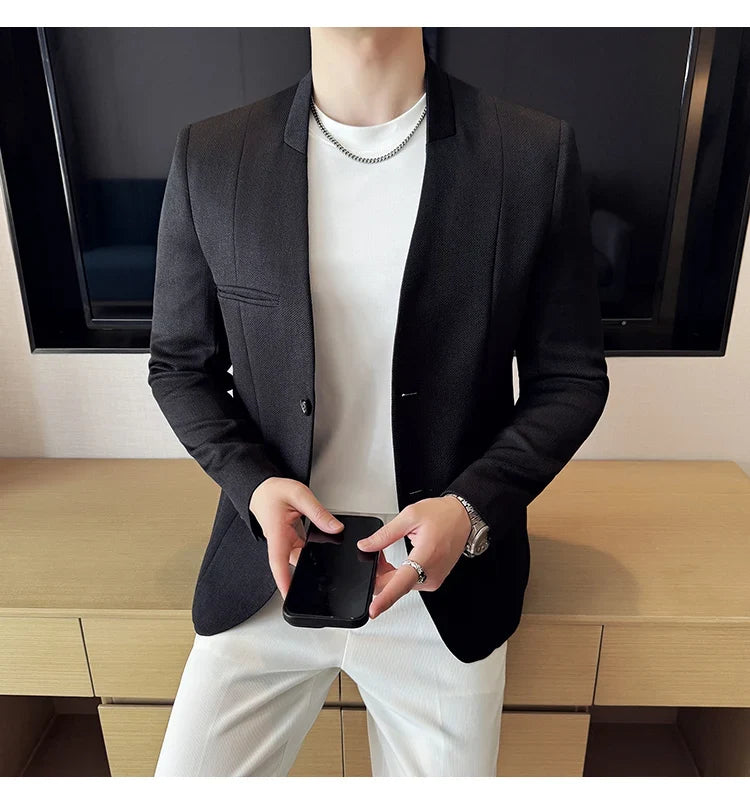 Chinese Style Collarless Suit Jacket Men Fashion Slim Fit Versatile Blazers Male Casual Business Wedding Groom Dress Jacket 2025