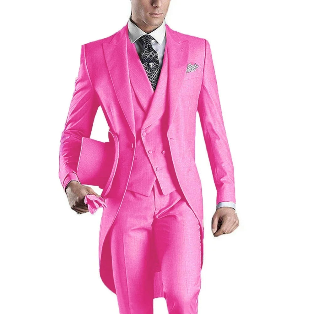 Men's Monochromatic Tuxedo Set Business Smoking Wedding Dress Blazer Jacket Vest Pants 3-Piece Suit for Formal Occasions